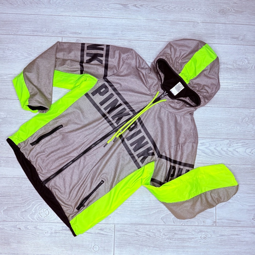 VS PINK Full Zip Lined Anorak Windbreaker Jacket Olive Lime Green Black XS/S